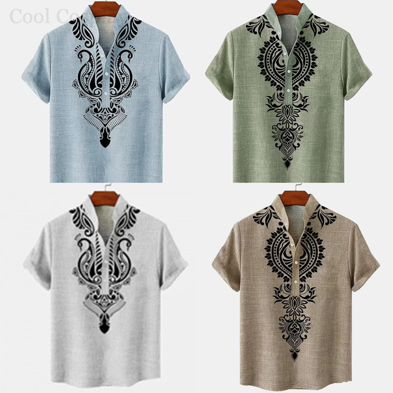 Ethnic Fashion Style - Мужская ретро-рубашка Хенли с 3D-принтом в